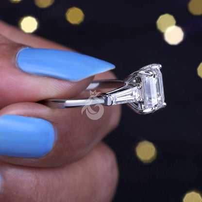 2.56 CT Emerald Cut Moissanite Three Stone Ring, Tapered Baguette Engagement Ring, Wedding & Anniversary Ring