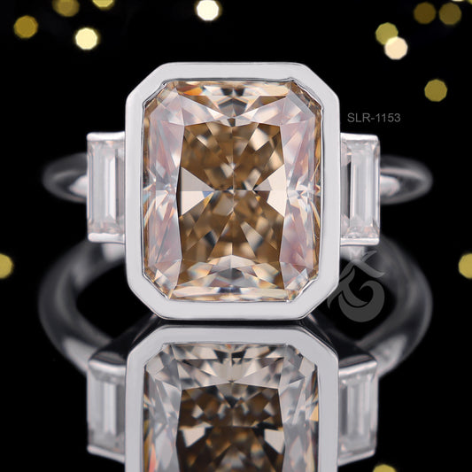 6.05 TCW Yellow Radiant Moissanite Engagement Ring, Three Stone, Bezel Set