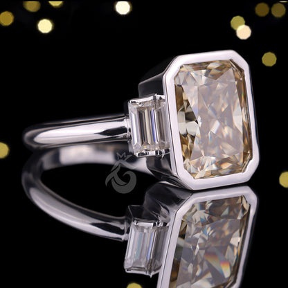 6.05 TCW Yellow Radiant Moissanite Engagement Ring, Three Stone, Bezel Set