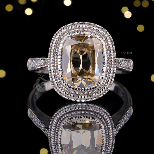 Canary Yellow Cushion Moissanite Engagement Ring, Mil grain Vintage 1920s Style