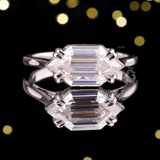 Vintage Hexagon Moissanite Engagement Ring, 14K East-West Solitaire Ring, Unique Wedding Band