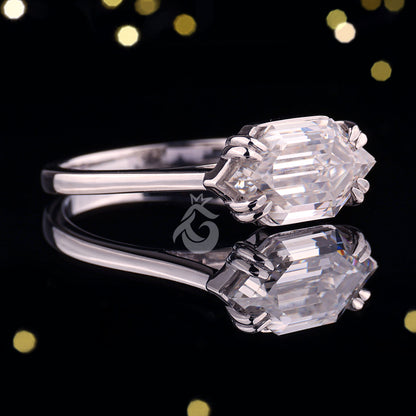 Vintage Hexagon Moissanite Engagement Ring, 14K East-West Solitaire Ring, Unique Wedding Band