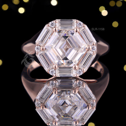 Antique Hexagon Moissanite Engagement Ring, Baguette Halo, 14K Rose Gold