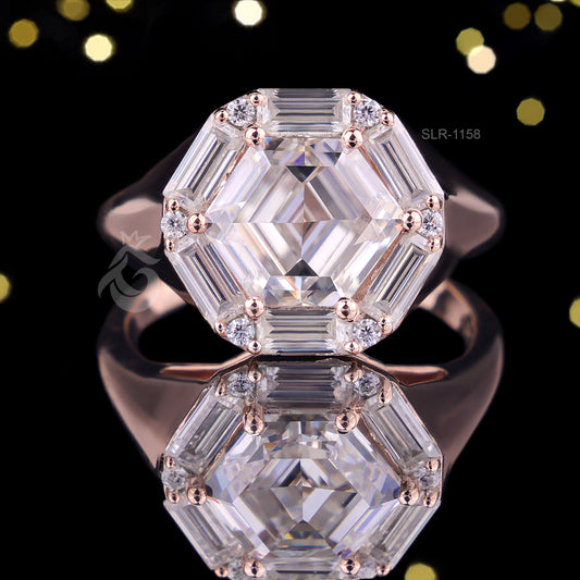 Antique Hexagon Moissanite Engagement Ring, Baguette Halo, 14K Rose Gold