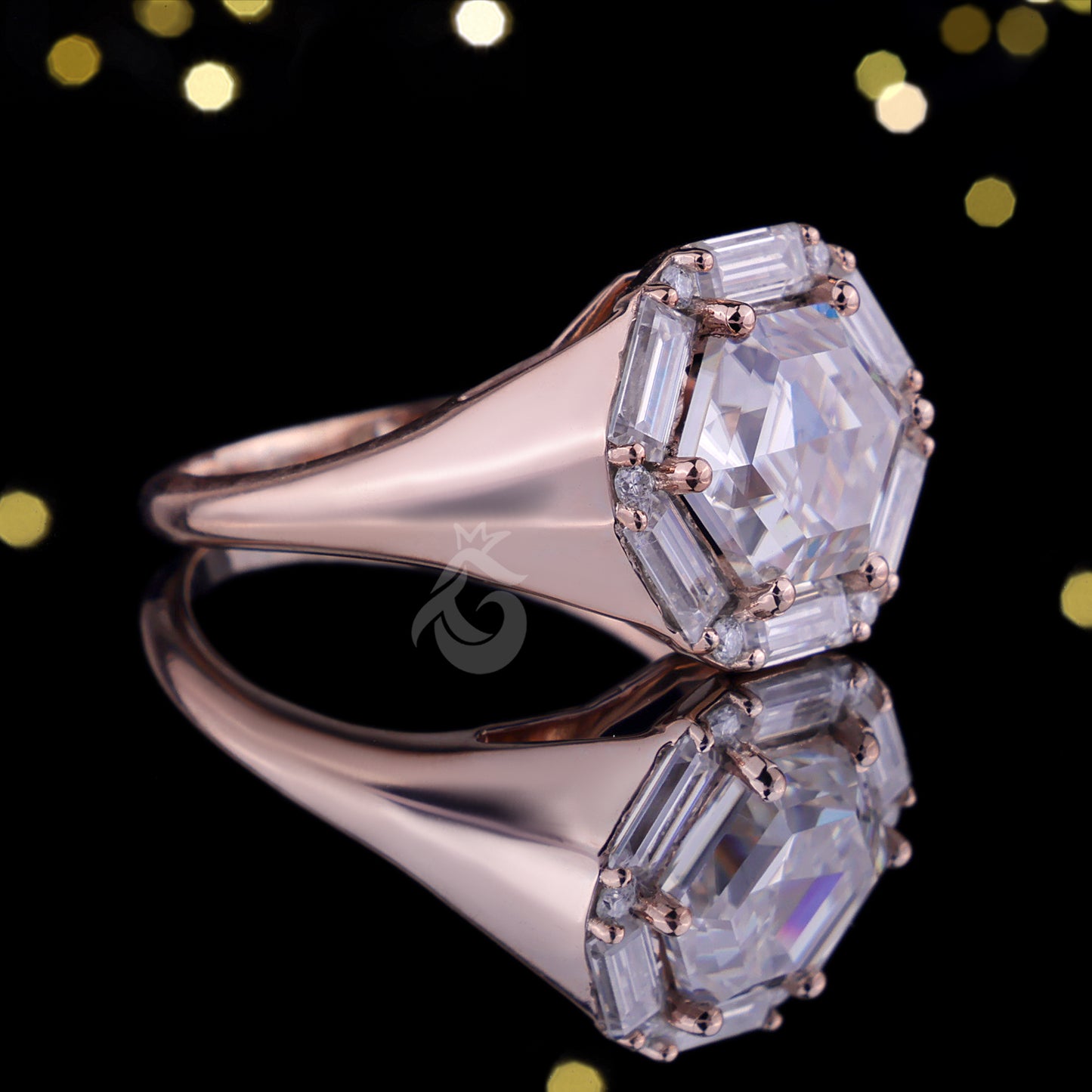 Antique Hexagon Moissanite Engagement Ring, Baguette Halo, 14K Rose Gold