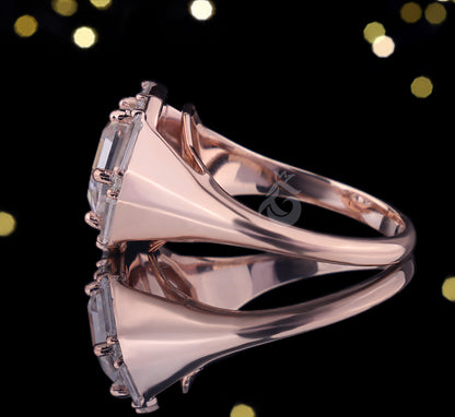 Antique Hexagon Moissanite Engagement Ring, Baguette Halo, 14K Rose Gold