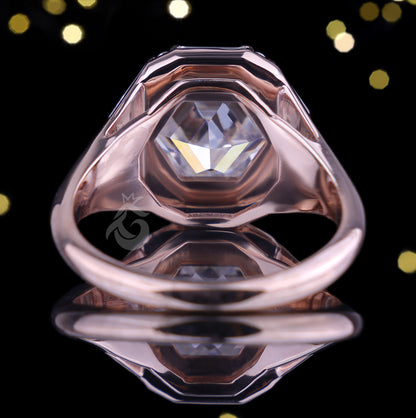 Antique Hexagon Moissanite Engagement Ring, Baguette Halo, 14K Rose Gold