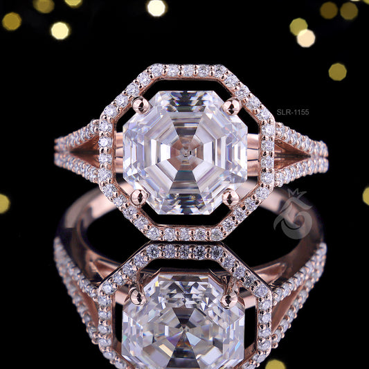 Hexagon Moissanite Halo Engagement Ring, Split Shank, 14K Rose Gold