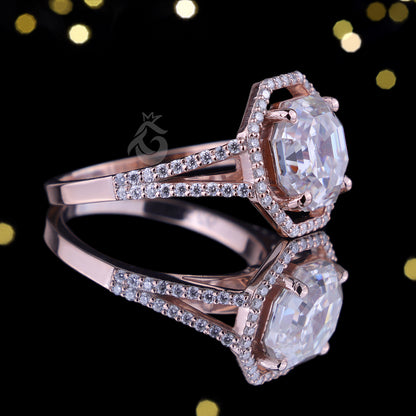 Hexagon Moissanite Halo Engagement Ring, Split Shank, 14K Rose Gold