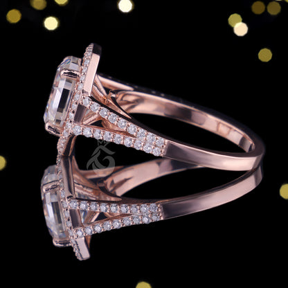 Hexagon Moissanite Halo Engagement Ring, Split Shank, 14K Rose Gold