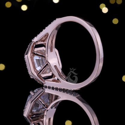 Hexagon Moissanite Halo Engagement Ring, Split Shank, 14K Rose Gold