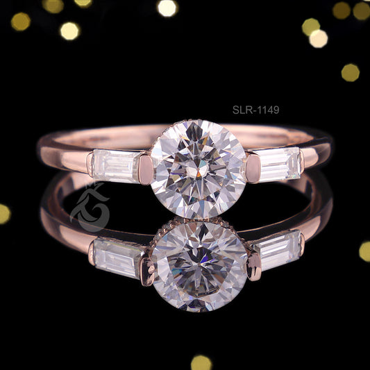 Round Moissanite 3-Stone Engagement Ring, Baguette Solitaire, 14K Rose Gold