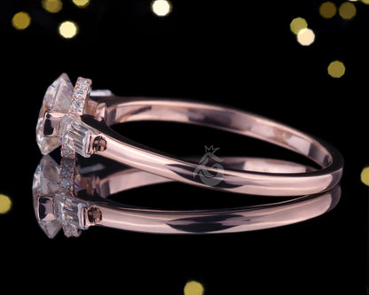 Round Moissanite 3-Stone Engagement Ring, Baguette Solitaire, 14K Rose Gold