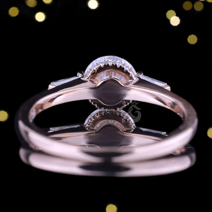 Round Moissanite 3-Stone Engagement Ring, Baguette Solitaire, 14K Rose Gold