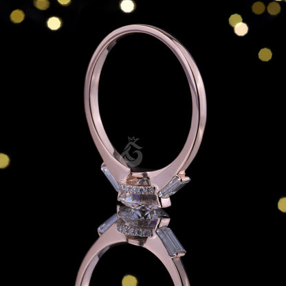Round Moissanite 3-Stone Engagement Ring, Baguette Solitaire, 14K Rose Gold