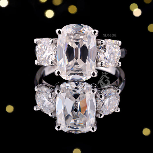 4.65TW Old Mine Elongated Cushion & Round Moissanite Ring – Vintage 14K Gold Three-Stone Engagement Ring