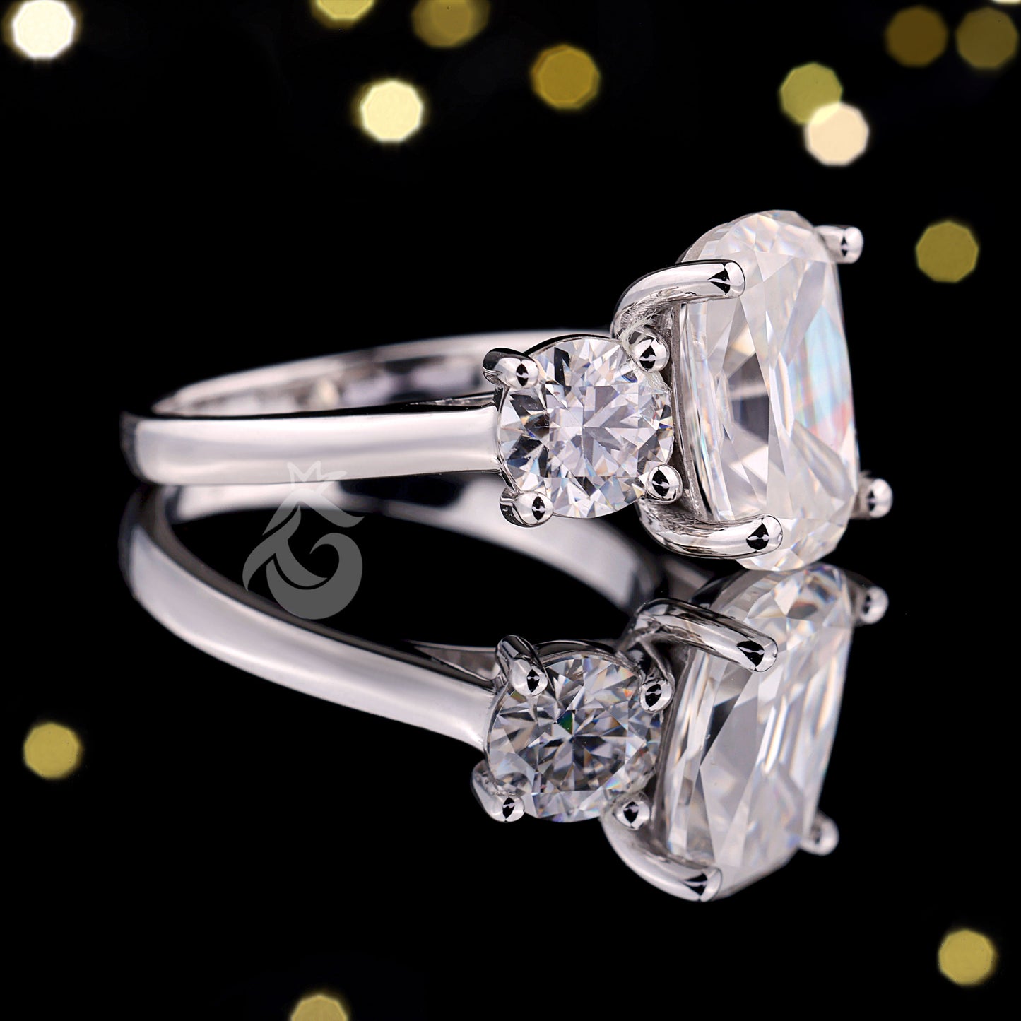 4.65TW Old Mine Elongated Cushion & Round Moissanite Ring – Vintage 14K Gold Three-Stone Engagement Ring