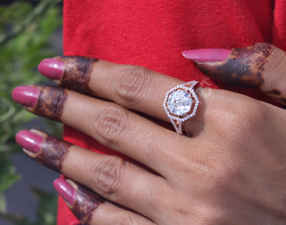 Hexagon Moissanite Halo Engagement Ring, Split Shank, 14K Rose Gold