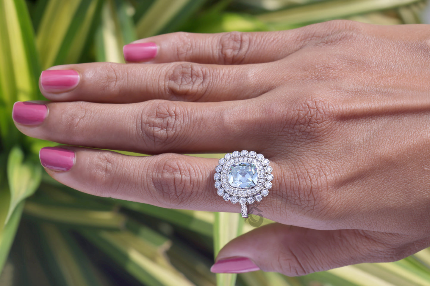 4.41CT Vintage Cushion Moissanite Engagement Ring, Milgrain Bezel Double Halo