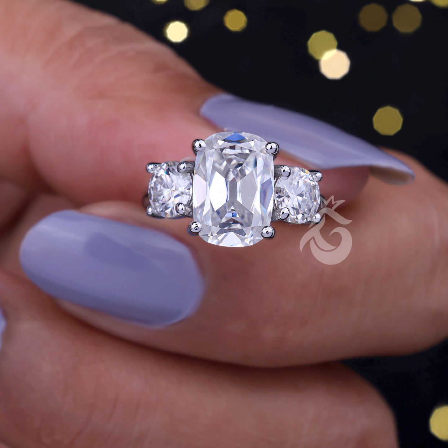 4.65TW Old Mine Elongated Cushion & Round Moissanite Ring – Vintage 14K Gold Three-Stone Engagement Ring