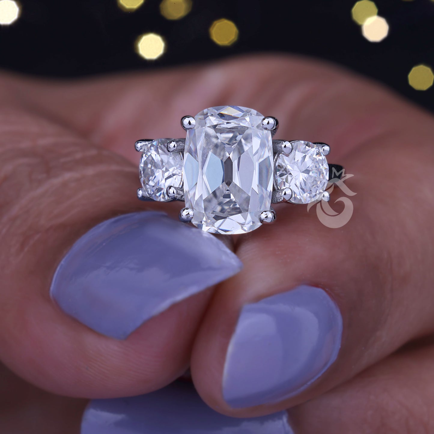 4.65TW Old Mine Elongated Cushion & Round Moissanite Ring – Vintage 14K Gold Three-Stone Engagement Ring