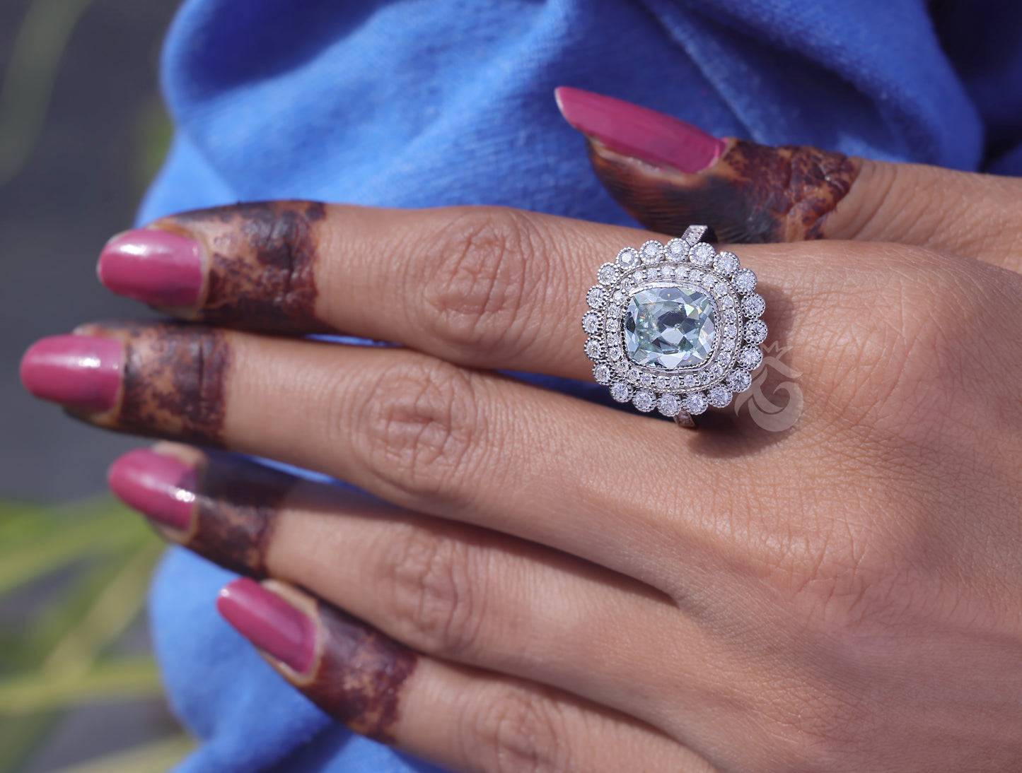 4.41CT Vintage Cushion Moissanite Engagement Ring, Milgrain Bezel Double Halo