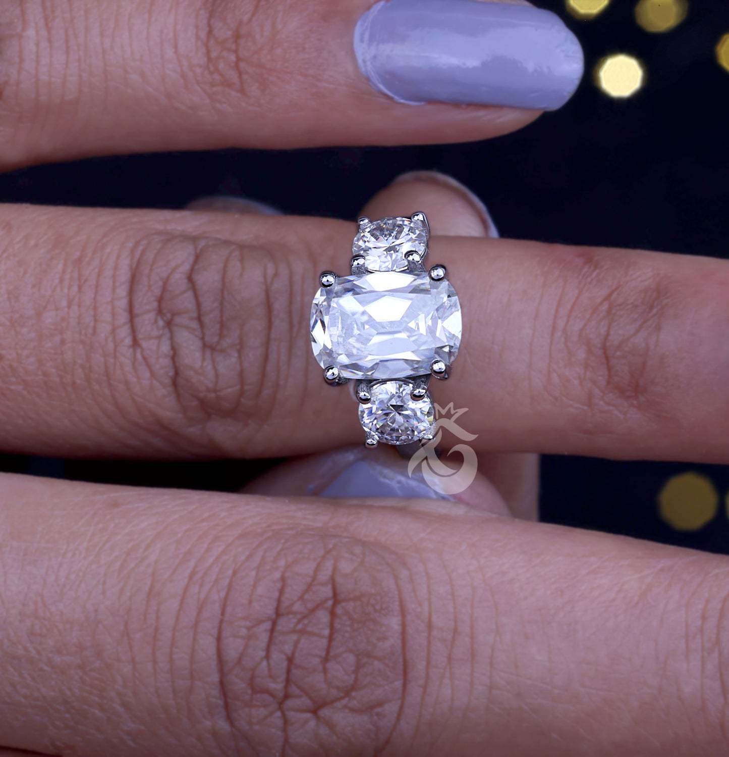 4.65TW Old Mine Elongated Cushion & Round Moissanite Ring – Vintage 14K Gold Three-Stone Engagement Ring