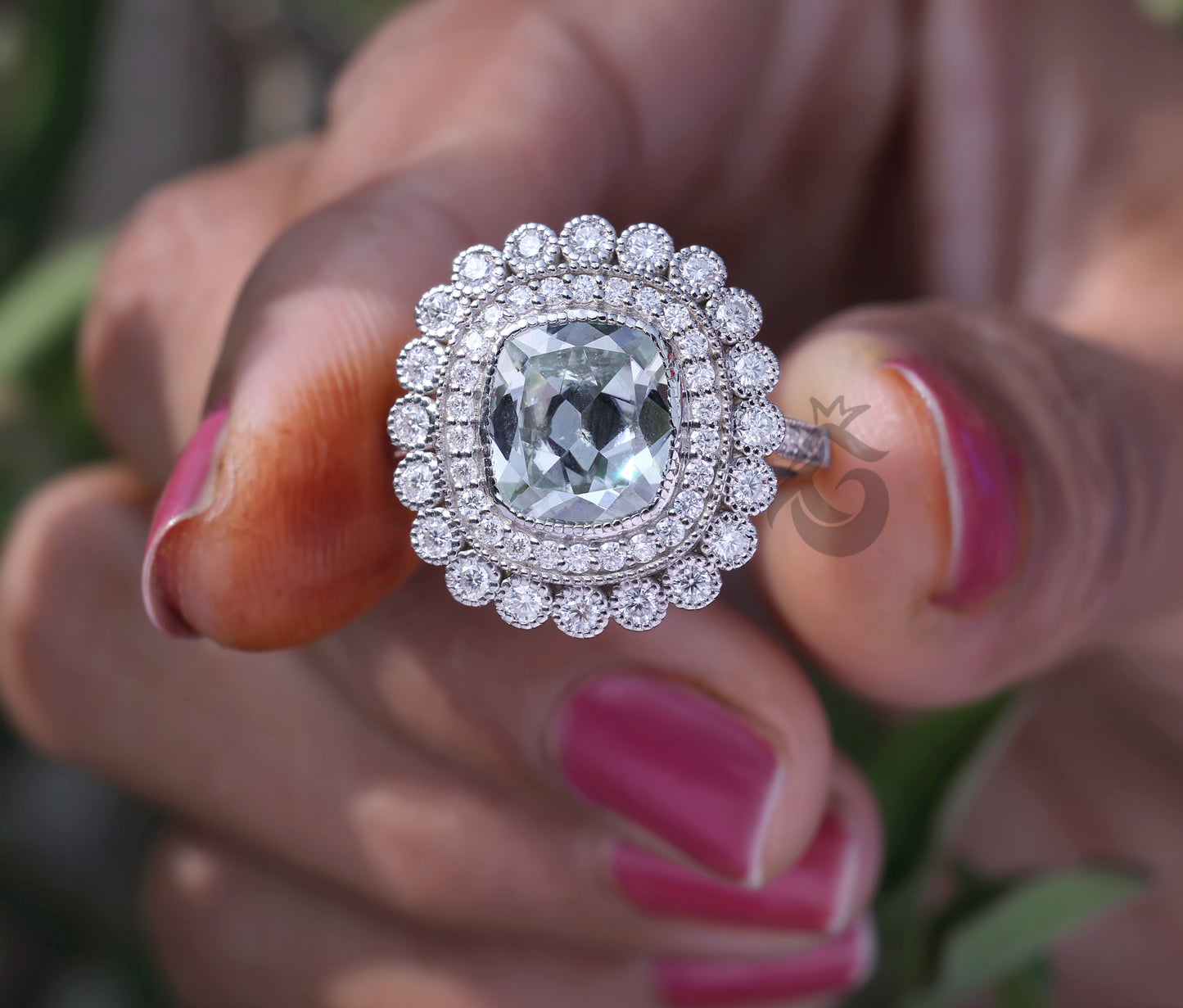 4.41CT Vintage Cushion Moissanite Engagement Ring, Milgrain Bezel Double Halo