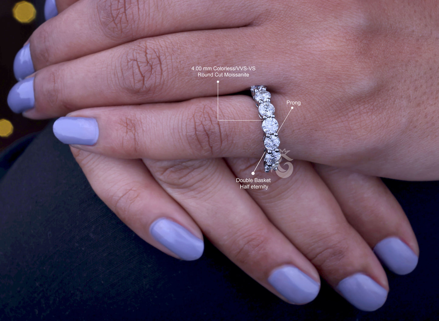 4MM Round Moissanite Half Eternity Wedding Band – 10K White Gold Matching Ring for Her