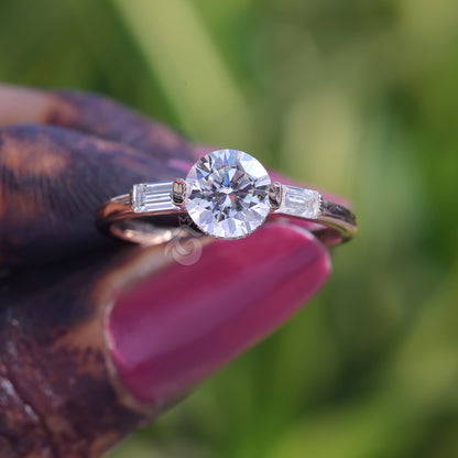Round Moissanite 3-Stone Engagement Ring, Baguette Solitaire, 14K Rose Gold