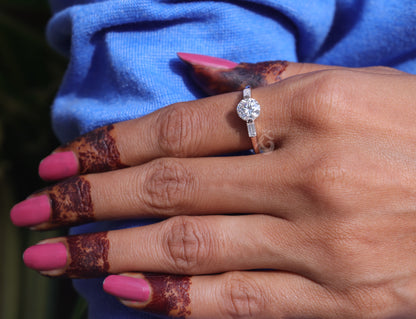 Round Moissanite 3-Stone Engagement Ring, Baguette Solitaire, 14K Rose Gold