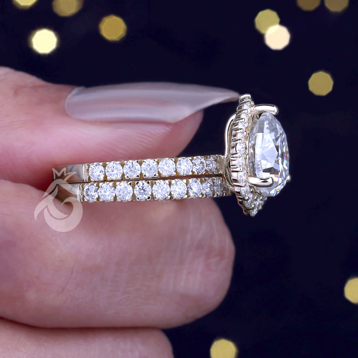 2.07CT Pear Moissanite Halo Engagement Ring Set – 14K Yellow Gold Pave Wedding Band Bridal Set
