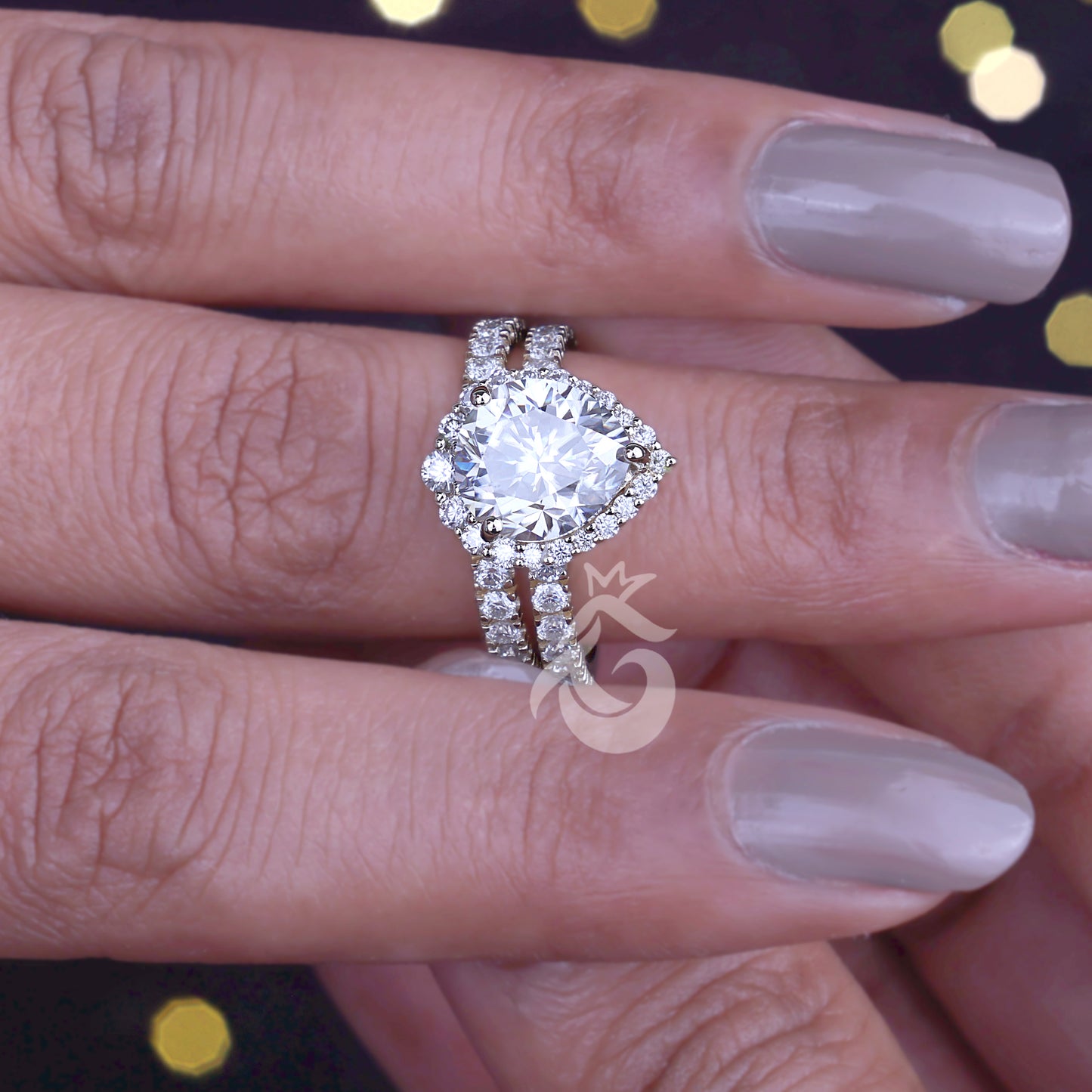 2.07CT Pear Moissanite Halo Engagement Ring Set – 14K Yellow Gold Pave Wedding Band Bridal Set