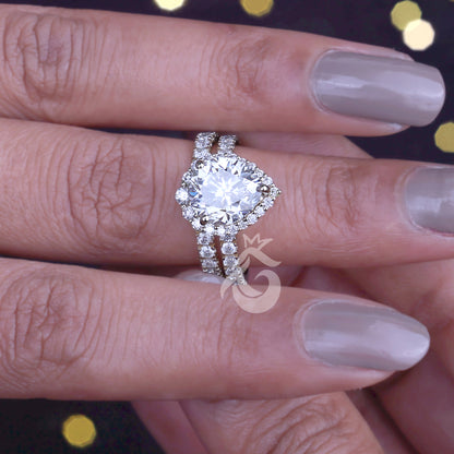 2.07CT Pear Moissanite Halo Engagement Ring Set – 14K Yellow Gold Pave Wedding Band Bridal Set