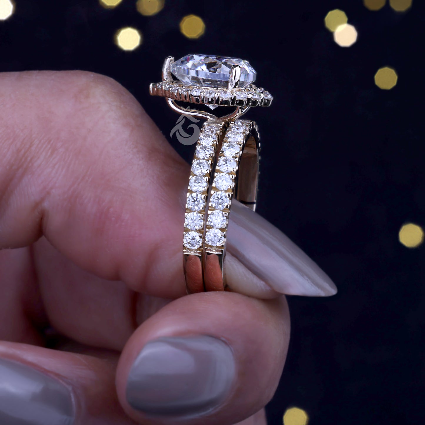 2.07CT Pear Moissanite Halo Engagement Ring Set – 14K Yellow Gold Pave Wedding Band Bridal Set