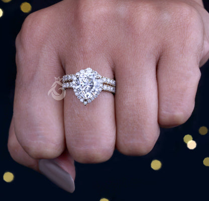 2.07CT Pear Moissanite Halo Engagement Ring Set – 14K Yellow Gold Pave Wedding Band Bridal Set