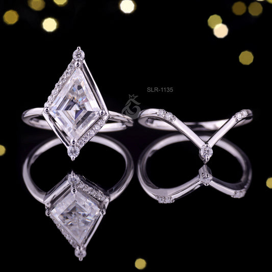 Vintage Kite Cut Moissanite Engagement Ring Set – 14K/18K White Gold Curved Wedding Band