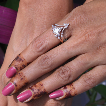 Kite Moissanite Bezel Engagement Ring Set, Marquise Curved 14k Rose Gold