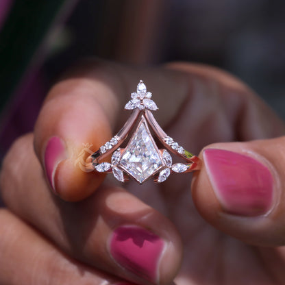 Kite Moissanite Bezel Engagement Ring Set, Marquise Curved 14k Rose Gold
