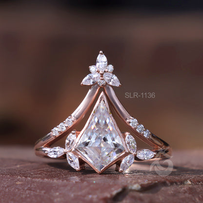 Kite Moissanite Bezel Engagement Ring Set, Marquise Curved 14k Rose Gold