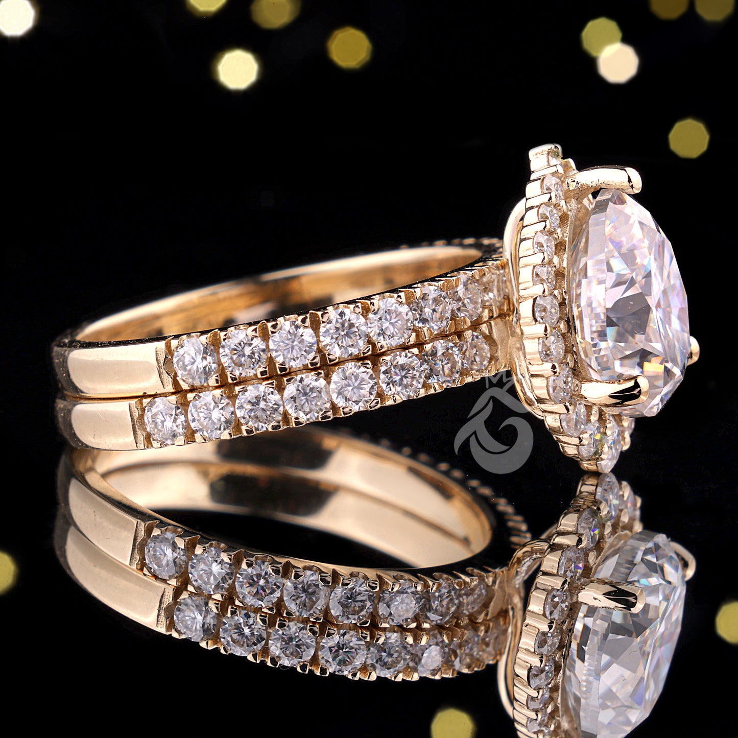 2.07CT Pear Moissanite Halo Engagement Ring Set – 14K Yellow Gold Pave Wedding Band Bridal Set