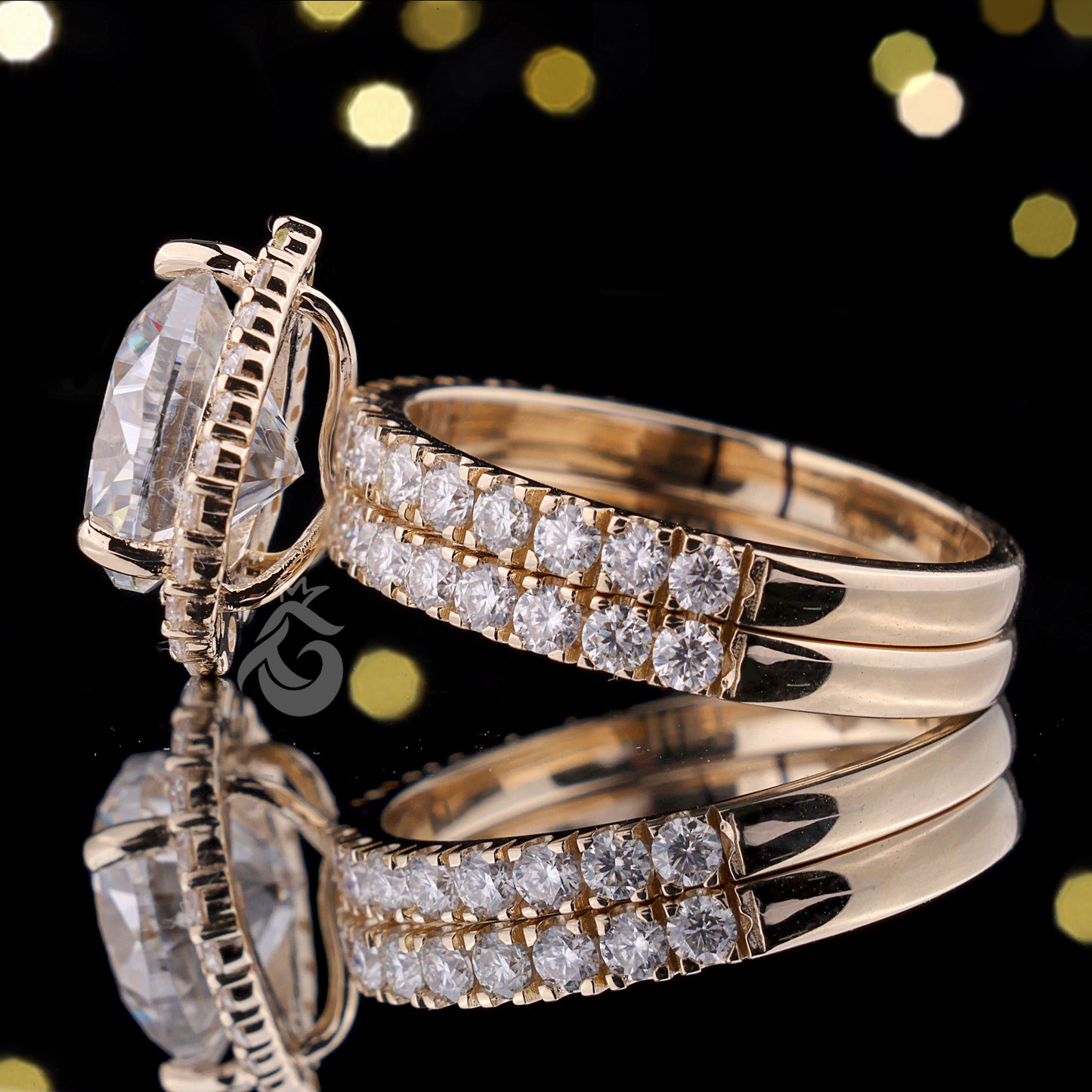 2.07CT Pear Moissanite Halo Engagement Ring Set – 14K Yellow Gold Pave Wedding Band Bridal Set