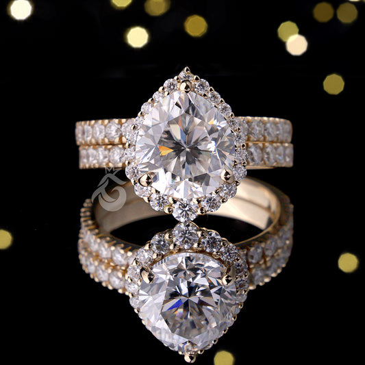 2.07CT Pear Moissanite Halo Engagement Ring Set – 14K Yellow Gold Pave Wedding Band Bridal Set