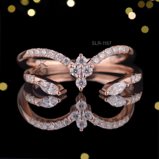 Marquise Moissanite Curved Bridal Ring Set, Chevron Vine Leaf Design