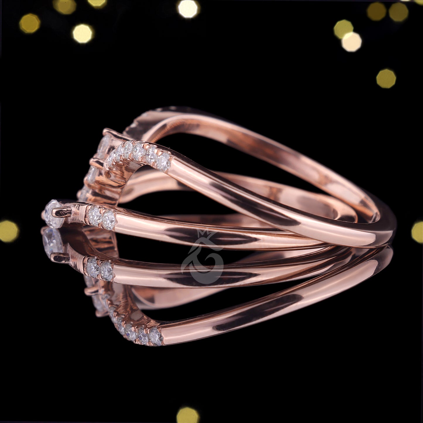 Marquise Moissanite Curved Bridal Ring Set, Chevron Vine Leaf Design