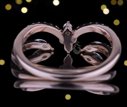 Marquise Moissanite Curved Bridal Ring Set, Chevron Vine Leaf Design
