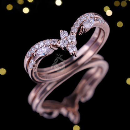 Marquise Moissanite Curved Bridal Ring Set, Chevron Vine Leaf Design