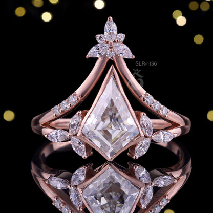Kite Moissanite Bezel Engagement Ring Set, Marquise Curved 14k Rose Gold