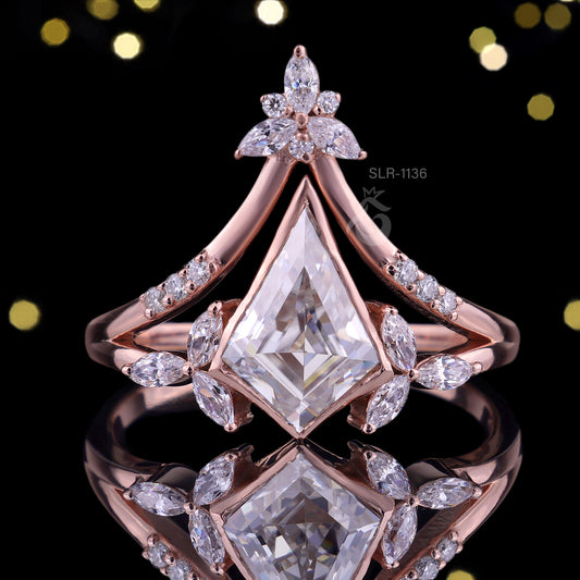 Kite Moissanite Bezel Engagement Ring Set, Marquise Curved 14k Rose Gold
