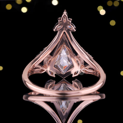 Kite Moissanite Bezel Engagement Ring Set, Marquise Curved 14k Rose Gold